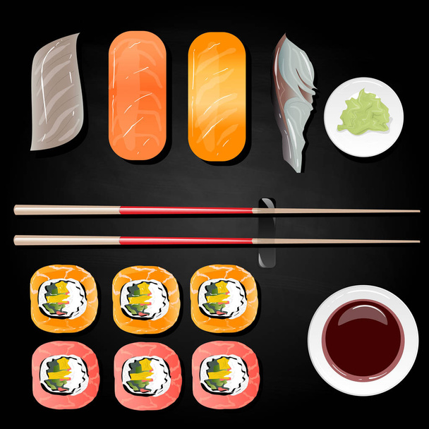 Nigiri Sushi ilustrace na černém pozadí, samostatný. Pohled shora. - Vektor, obrázek