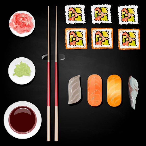 nigiri sushi illustration auf schwarzem hintergrund isoliert. Ansicht von oben. - Vektor, Bild