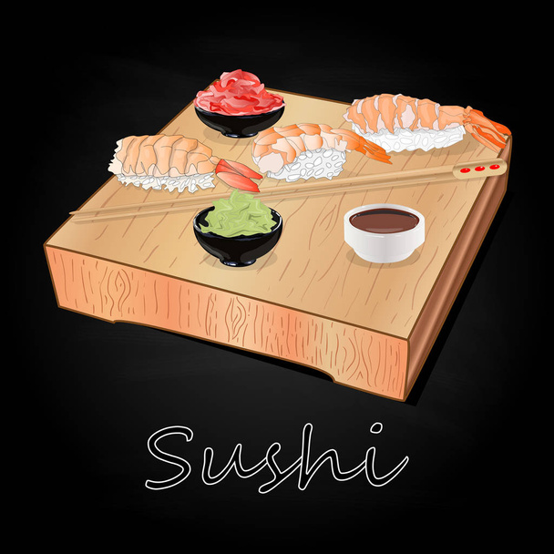 Various kinds of sushi served on wood desk black background isolated. - Vector, Image