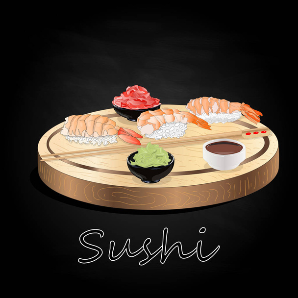 Vários tipos de sushi servido na mesa de madeira fundo preto isolado
. - Vetor, Imagem