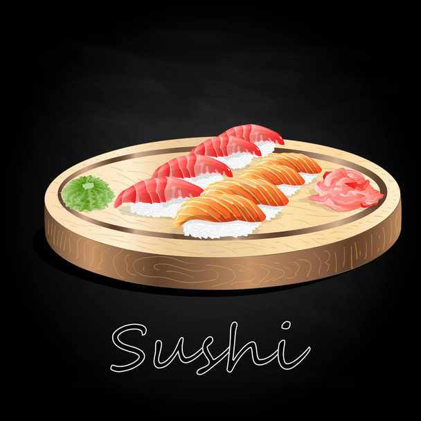 Různé druhy sushi podávané na dřevěný stůl černé pozadí, samostatný. - Vektor, obrázek