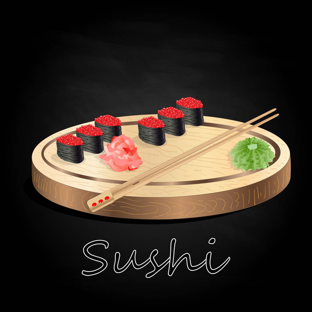 A különféle sushi szolgált a fa íróasztal fekete háttér elszigetelt. - Vektor, kép