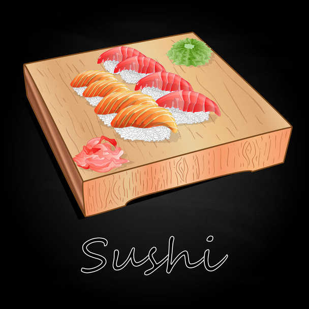 Diverse soorten sushi geserveerd op houten bureau zwarte achtergrond geïsoleerd. - Vector, afbeelding