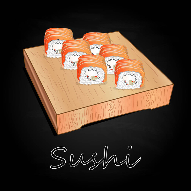 Vari tipi di sushi serviti su legno scrivania sfondo nero isolato
. - Vettoriali, immagini