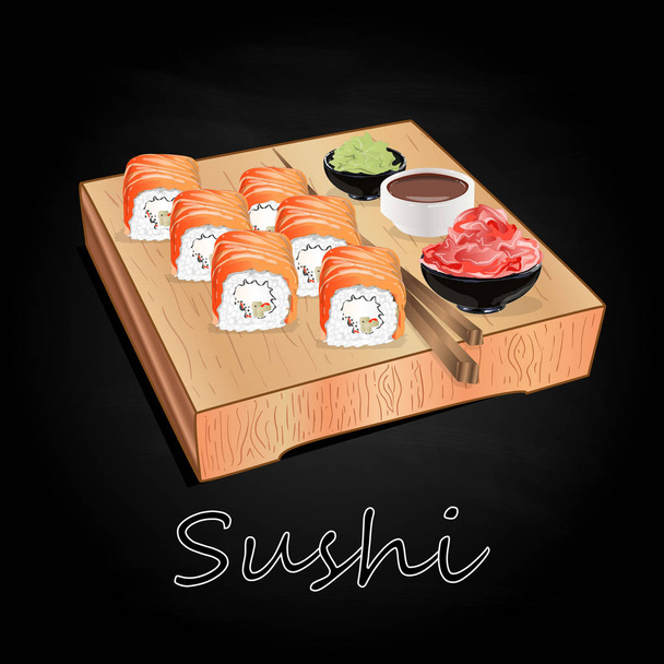 verschiedene Arten von Sushi auf Holz Schreibtisch schwarzer Hintergrund isoliert serviert. - Vektor, Bild