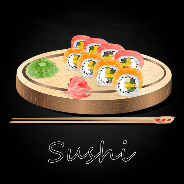 Různé druhy sushi podávané na dřevěný stůl černé pozadí, samostatný. - Vektor, obrázek