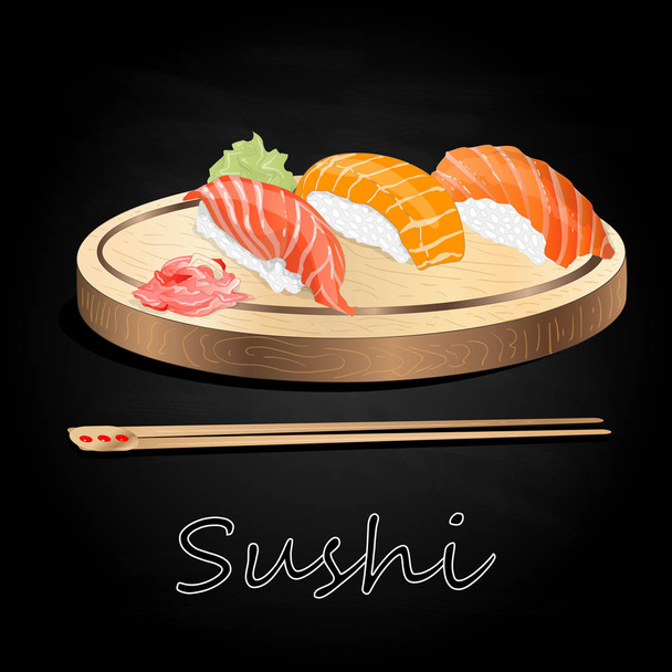 Diverse soorten sushi geserveerd op houten bureau zwarte achtergrond geïsoleerd. - Vector, afbeelding