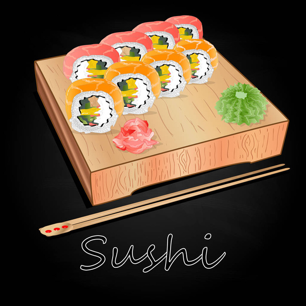 Vari tipi di sushi serviti su legno scrivania sfondo nero isolato
. - Vettoriali, immagini