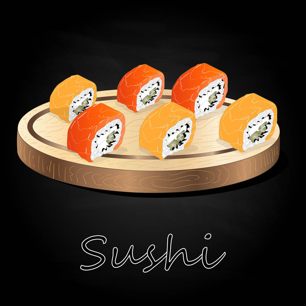 Różne rodzaje sushi serwowane na podłoże drewniane biurko czarne na białym tle. - Wektor, obraz