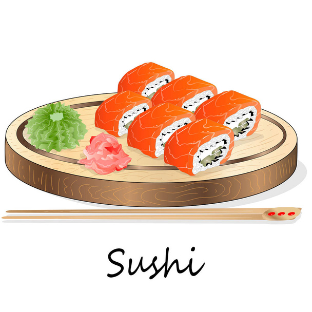 Ilustracja roll Sushi z łososiem, krewetka, awokado, śmietana ser. Sushi menu. Japońskie jedzenie na białym tle. - Wektor, obraz
