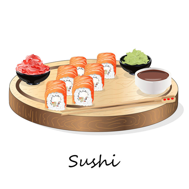 Illustration of roll sushi with salmon, prawn, avocado, cream cheese. Sushi menu. Japanese food isolated on white. - Vector, Image