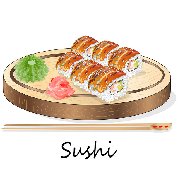 Ilustracja roll Sushi z łososiem, krewetka, awokado, śmietana ser. Sushi menu. Japońskie jedzenie na białym tle. - Wektor, obraz