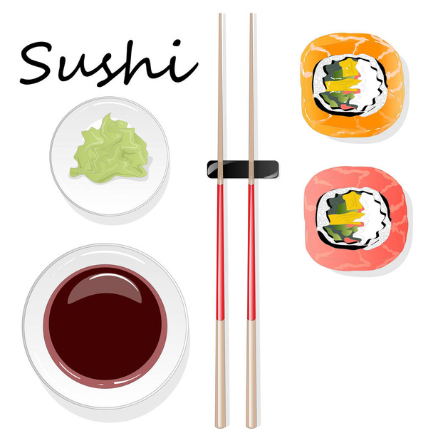 Nigiri Sushi illustratie op donkere achtergrond geïsoleerd. Bovenaanzicht. - Vector, afbeelding