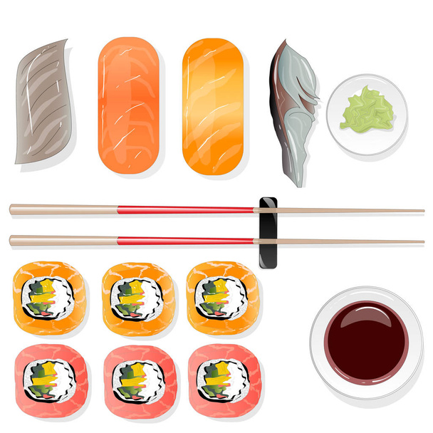 Nigiri Sushi illustration on white background isolated. Top view. - Vector, Image