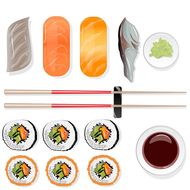 Nigiri Sushi ilustración sobre fondo blanco aislado. Vista superior
. - Vector, imagen