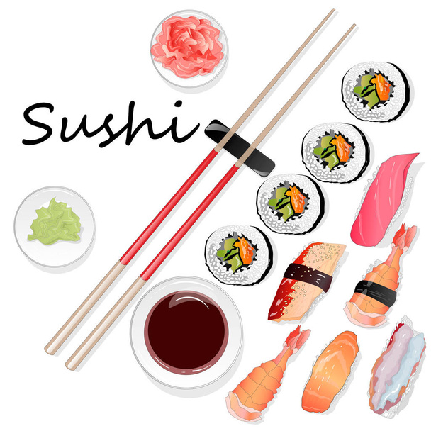 Nigiri Sushi ilustración sobre fondo blanco aislado. Vista superior
. - Vector, imagen