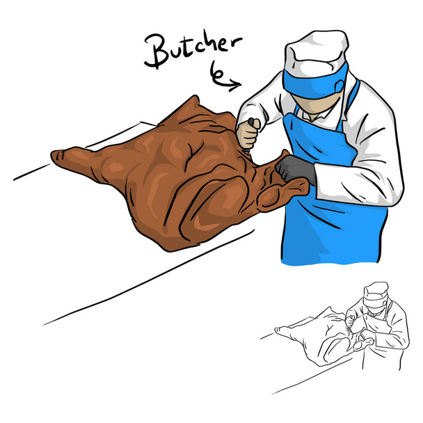 mannelijke slager werken met grote varkensvlees vector illustratie schets doodle hand getekend met zwarte lijnen geïsoleerd op witte achtergrond - Vector, afbeelding