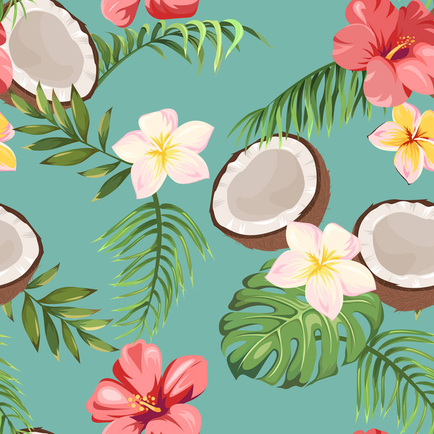 seamless pattern with tropical flowers, palm leaves and coconuts - Вектор,изображение