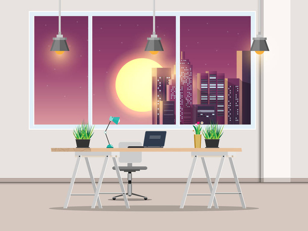 Office with work desk and window Night City, vector illustrations - Vector, Image