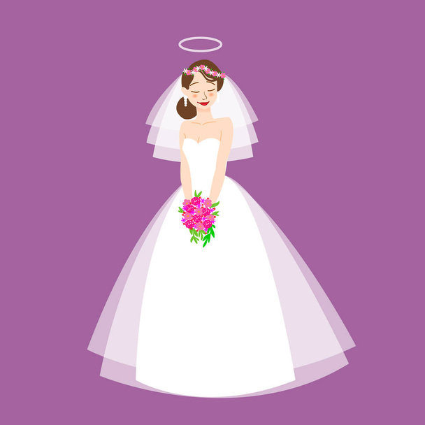 Young beautiful bride is in an elegant wedding dress. Vector illustration for your design.Invitation, greeting card, template for the bride show. - Vector, Image
