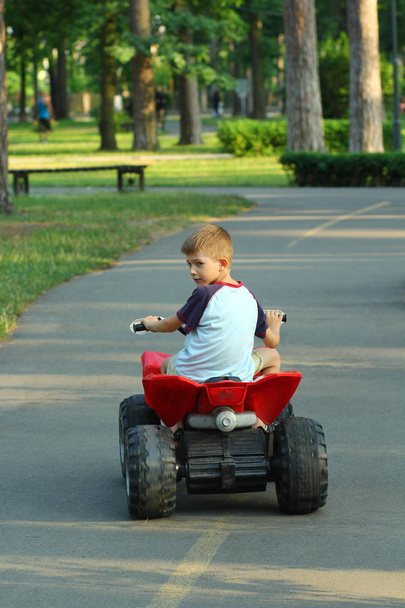 Jongen rijden grote rode speelgoedauto in park, achteraanzicht - Foto, afbeelding