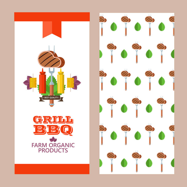 Grill, barbecue. Vector emblem, illustration. Delicious steak on a fork with ketchup and mustard. Corn and Basil leaves. Advertising flyer template. The pattern on the back of the flyer. Farm organic products. - Vector, Image