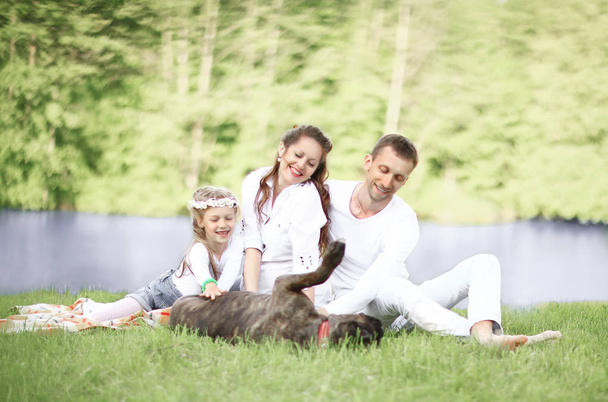 happy family with pet dog at picnic in a Sunny summer day. pregn - Foto, Imagen