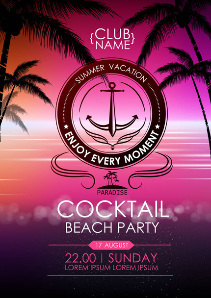 Sommer-Disco-Poster-Cocktail-Strandparty. Schriftzug Poster genießen jeden Moment - Vektor, Bild