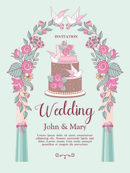 結婚式の招待状。幸せな結婚式。大規模な多段のウェディング ケーキの美しい結婚式カード花とハト飾られています。テキストのためのスペースのベクトル図. - ベクター画像