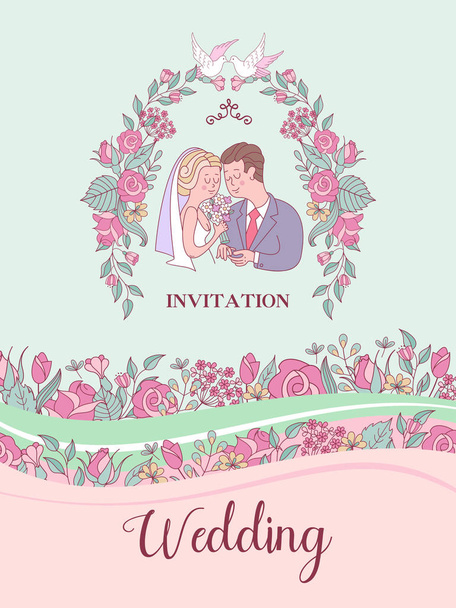 Wedding invitation. Happy weddings. Beautiful wedding card with bride and groom exchanging wedding rings.Vector illustration with space for text decorated with delicate wedding flowers. - Vektor, obrázek