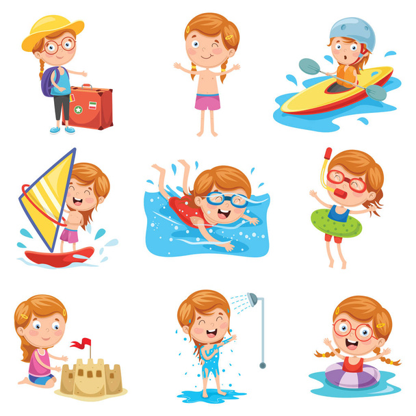 Векторная иллюстрация маленькой девочки на летних каникулах
 - Вектор,изображение