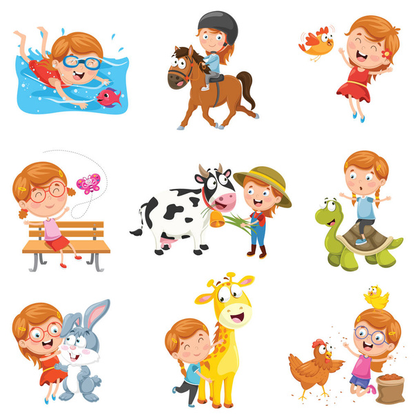 Illustrazione vettoriale della bambina che gioca con gli animali
 - Vettoriali, immagini