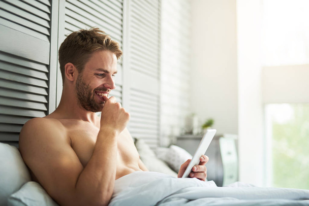 Pleased handsome male using portable device after sleep - Foto, immagini