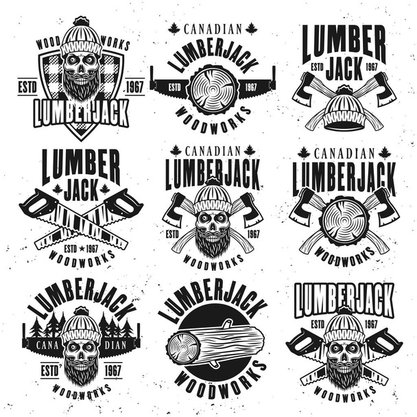 Lumberjack vintage black on white vector emblems - Vetor, Imagem