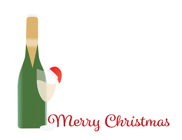 grüne und goldene Champagnerflasche, Sektglas mit Weihnachtsmann-Hut und rotem Text auf weißem Hintergrund - Vektor, Bild