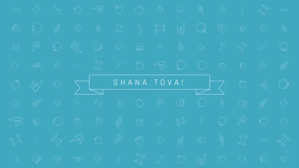 Rosh Hashaná vacaciones plano de diseño de fondo de animación con símbolos de iconos esquema tradicionales con texto en Inglés "Shana Tova" que significa "Que tengas un buen año". bucle con canal alfa
. - Imágenes, Vídeo