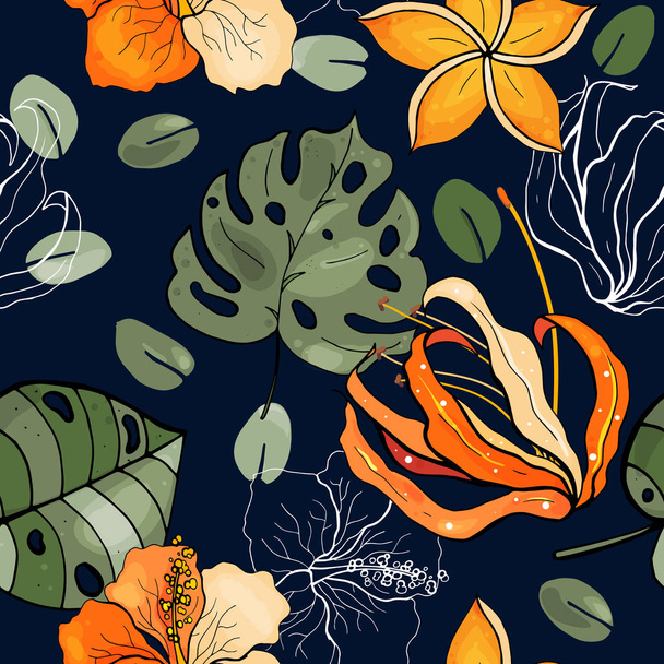 Retro Wild seamless flower pattern. Vintage background. Wallpaper. Blooming realistic isolated flowers. Hand drawn. Vector illustration. - Вектор,изображение