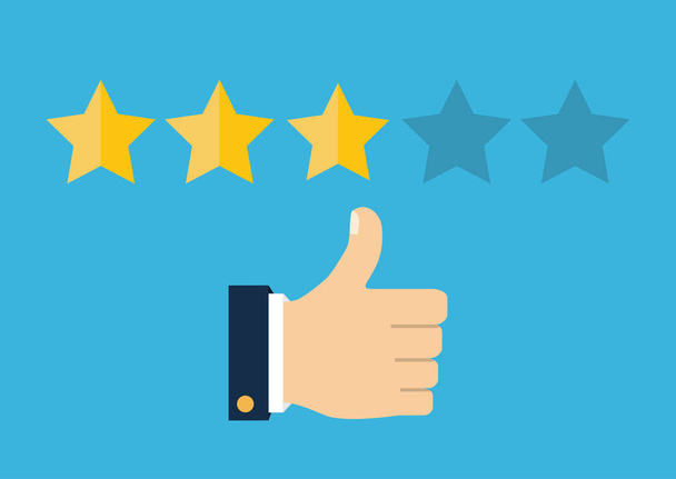 Rating golden stars. Feedback, reputation and quality concept. Hand pointing, finger pointing to five star rating. Customer review concept. Vector - Vector, Image