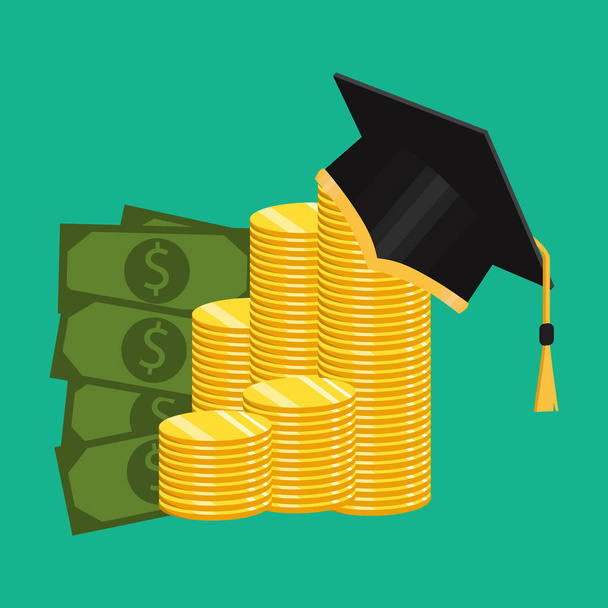 教育概念に投資。卒業生のキャップと黄金のコイン。ベクトル図 - ベクター画像