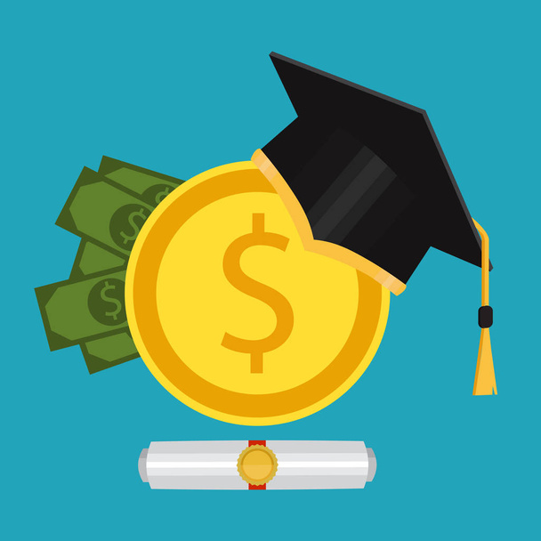 Investment in education concept. Graduate's cap and golden coin. Vector illustration - Vector, Image