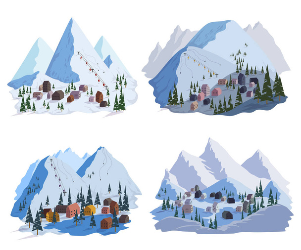 Ski resort set. Beautiful landscapes with mountains, houses, hotels, fir trees and ski lift. Vector illustration - Vector, Image