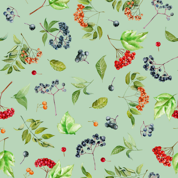 Watercolor viburnum, rowan and  elder branches seamless pattern, hand painted on a green background - Φωτογραφία, εικόνα