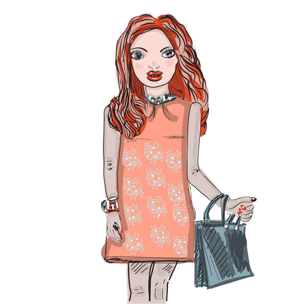 Hand drawn beautiful cute red-haired girl in an elegant dress . Vector illustration. - Vector, Image
