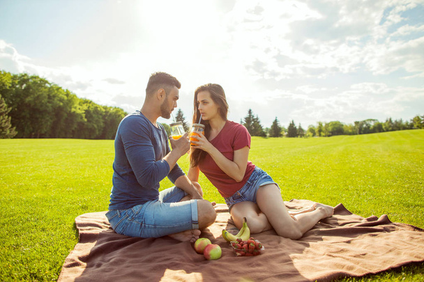 couple in love have fun in the park and drink smoothies and eating fruit at a picnic - Photo, image