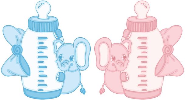 青とピンクの赤ちゃん牛乳瓶とキュートな象 - ベクター画像