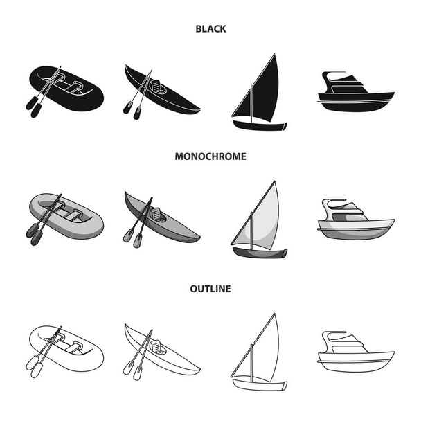 A rubber fishing boat, a kayak with oars, a fishing schooner, a motor yacht.Ships and water transport set collection icons in black,monochrome,outline style vector symbol stock illustration web. - Vector, Image