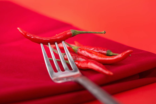 Red hot chili paprika červená paprika na vidlice izolované na červené backgro - Fotografie, Obrázek