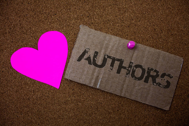 Text sign showing Authors. Conceptual photo Writer Journalist Poet Biographer Playwright Composer Creator Old damaged paperboard ideas message purple heart love lovely intentions - Photo, Image
