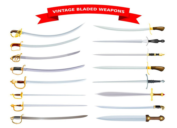 Set cartoon stijl scherpe wapens op witte achtergrond collectie van sabels geïsoleerde object vectorillustratie - Vector, afbeelding