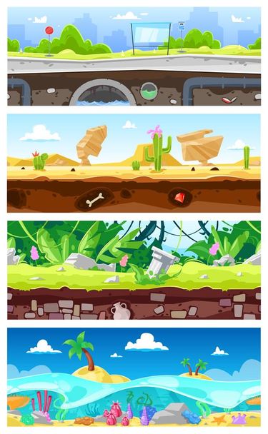 Game background vector cartoon landscape interface gamification and cityscape or urban gaming scene backdrop illustration set of underwater ocean or desert wallpaper - Vecteur, image